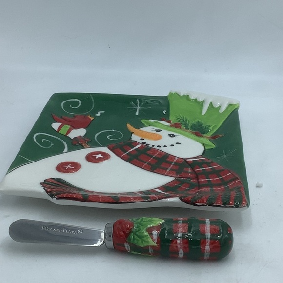 Fitz and Floyd Holly Hat Snowman Snack Plate and Spreader - Picture 2 of 13